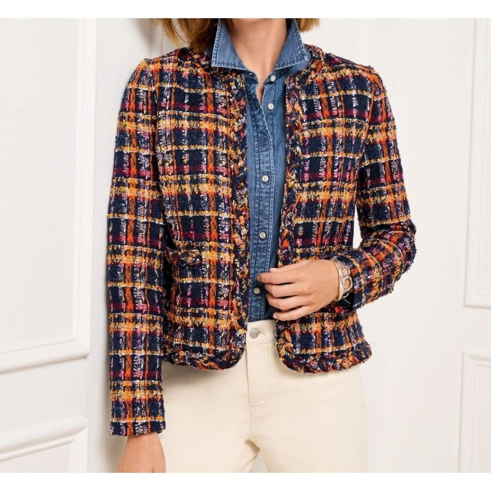 Talbots Tweed Blazer Womens 2P Sunflower Plaid Navy Multi Preppy Old Money